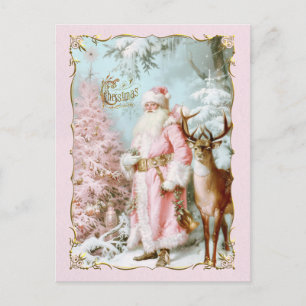 Vintage pink Santa Claus deer tree Christmas card シーズンポストカード