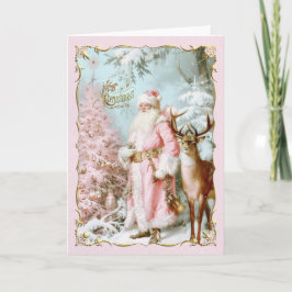 Vintage Pink Santa Claus deer tree Christmas Card  招待状