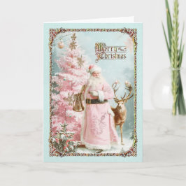Vintage Pink Santa Claus deer tree mint card シーズンカード