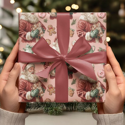 Vintage Pink Santa & Gingerbread Christmas ラッピングペーパー