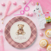 Vintage Pink Tartan Teddy Bear Baby Shower ペーパープレート (パーティー)