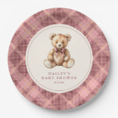 Vintage Pink Tartan Teddy Bear Baby Shower ペーパープレート (正面)