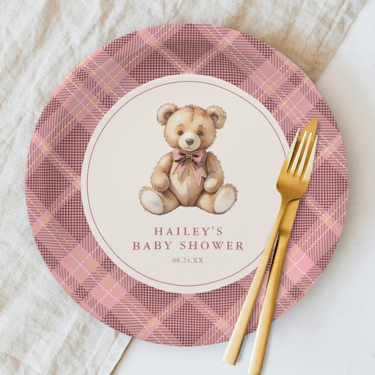 Vintage Pink Tartan Teddy Bear Baby Shower ペーパープレート
