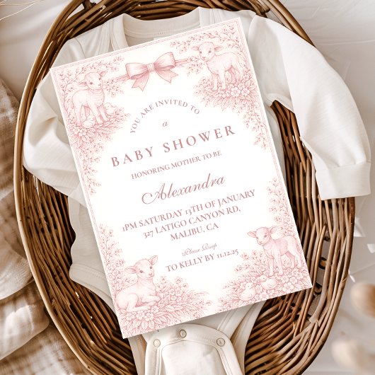 Vintage Pink Toile Lamb Baby Shower 招待状