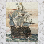 Vintage Pirate Ship, Galleon Sailing on the Ocean ジグソーパズル<br><div class="desc">Vintage illustration travel and transportation fairy tales image featuring a large pirate ship with sails or galleon sailing the seven seas. There are a few buccaneers on deck and flags are flying high over the crow's nests.</div>