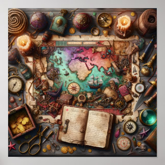 Vintage Pirate Treasure Map Explorer Poster Print ポスター