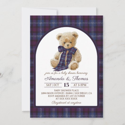 Vintage Plaid Bear Baby Shower 招待状 (正面)