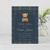 Vintage Plaid Teddy Bear Luxury Baby Shower 招待状 (スタンド正面)