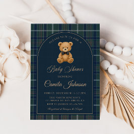 Vintage Plaid Teddy Bear Luxury Baby Shower 招待状
