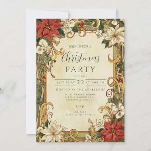 Vintage Poinsettia Christmas 招待状 (正面)