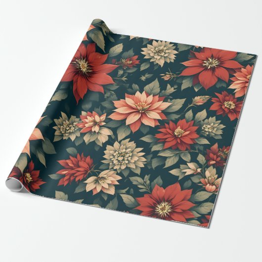 Vintage Poinsettia Christmas Gift Wrap Pattern ラッピングペーパー (アンロールド)