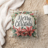 Vintage Poinsettia Merry Christmas Pillow クッション (ブランケット)
