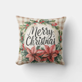 Vintage Poinsettia Merry Christmas Pillow クッション