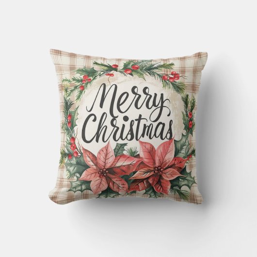 Vintage Poinsettia Merry Christmas Pillow クッション (正面)