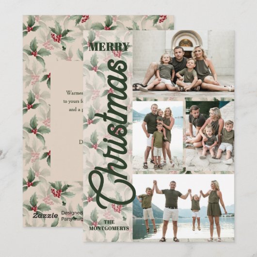 Vintage Poinsettias Merry Christmas Photo シーズンカード (正面/裏面)