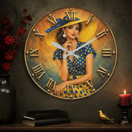 Vintage Polka Dot Lady Elegant Yellow Sun Hat ラージ壁時計