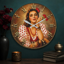 Vintage Polka Dot Lady Romantic Floral Portrait ラージ壁時計