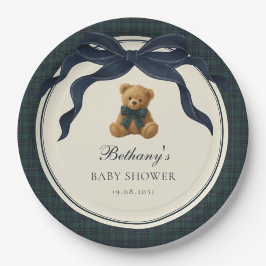 Vintage Polo Plaid Teddy Bear Navy Bow ペーパープレート (正面)