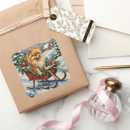 Vintage Pomeranian in Wooden Christmas Sleigh スクエアシール (ギフト)