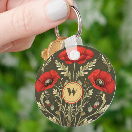 Vintage Poppies Gold Red Art Nouveau Monogram キーホルダー