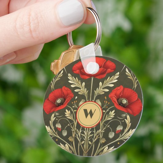 Vintage Poppies Gold Red Art Nouveau Monogram キーホルダー