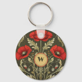Vintage Poppies Gold Red Art Nouveau Monogram キーホルダー (正面)