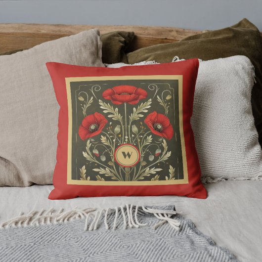 Vintage Poppies Gold Red Art Nouveau Monogram クッション