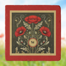 Vintage Poppies Gold Red Art Nouveau Monogram