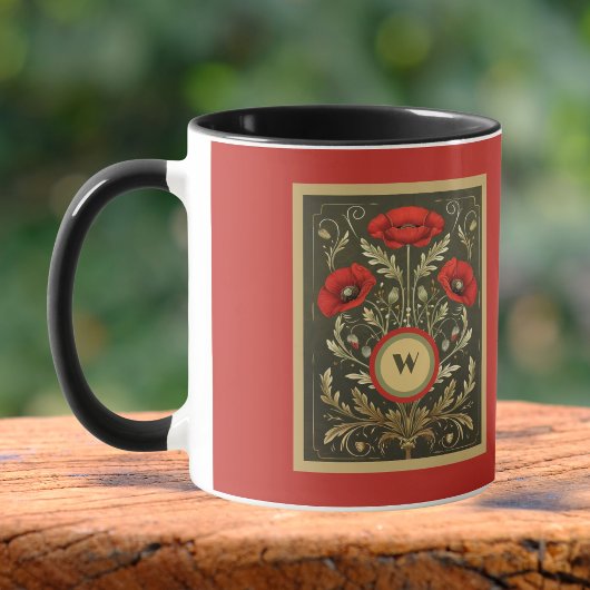 Vintage Poppies Gold Red Art Nouveau Monogram マグカップ