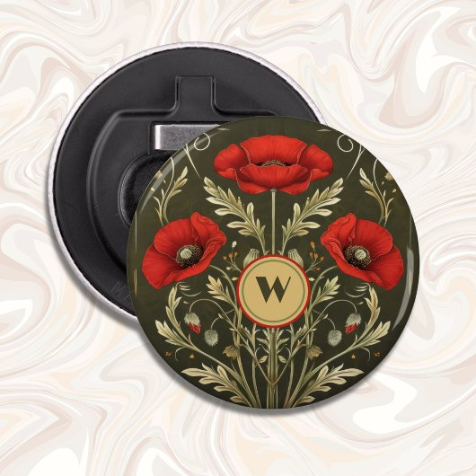 Vintage Poppies Gold Red Art Nouveau Monogram 栓抜き