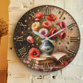 Vintage Poppy & Books Elegant Floral Library Decor ラージ壁時計