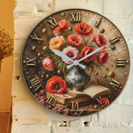 Vintage Poppy Bouquet Floral Library Cottage Decor ラージ壁時計