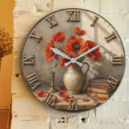 Vintage Poppy Rustic Farmhouse Floral Decor ラージ壁時計