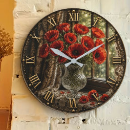 Vintage Poppy Window Elegant Floral Cottage Decor ラージ壁時計