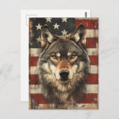 Vintage Portrait Wolf Mit Amerikanischer Flagge ポストカード (正面/裏面)