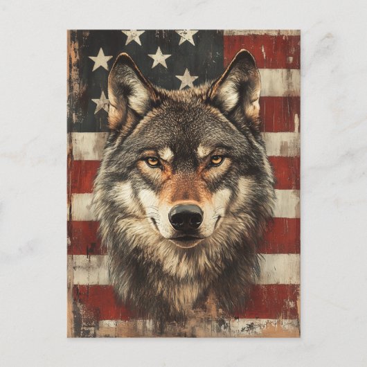 Vintage Portrait Wolf Mit Amerikanischer Flagge ポストカード (正面)