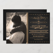 Vintage Poster木炭と金ゴールド写真Save the Date セーブザデート (正面/裏面)