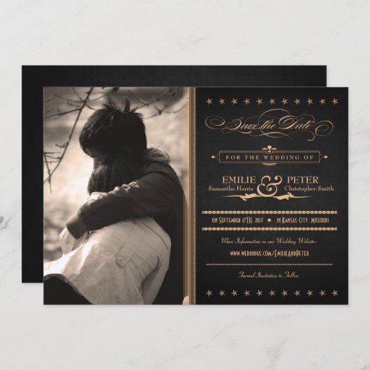 Vintage Poster木炭と金ゴールド写真Save the Date セーブザデート (正面/裏面)