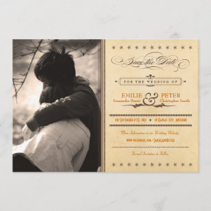 Vintage Poster Orange & Brown Photo Save the Date セーブザデート