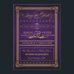 Vintage Poster Purple & 金ゴールドSave the Date セーブザデート<br><div class="desc">クリーミーな金ゴールド文字と日付の発表を保存するこの美しい深いのナス紫5"x7"結婚式は、ヴィンテージを持ちファッションド、古い古い文字のデザインと手の込んだスクリプト要素、装飾的なバナー、星とアンパサンド渦巻形のを含む。招待ファンシーはインスパイアヴィンテージデザインとポスタースタイリッシュの両方で。文字読: 「招待されましたのウェディング受付へ[カスタマイズ可能な名前] & [カスタマイズ可能な名前] [カスタマイズ可能な日付] [カスタマイズ可能な時間]。忘れられないお祝いに参加しよう」ボックス内の披露宴情報とアドレスを使用して招待をさらにパーソナライズし縁どま点々のあるす。この結婚スイートは、履歴、お洒落ヴィンテージ、または披露宴専用の結婚式招待状を探している人に最適ユニークである。</div>