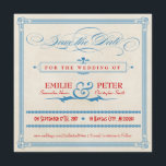Vintage Poster Red, White & Blue日付を保存 セーブザデート<br><div class="desc">この赤、白および青の四角い結婚式は、日付の発表を保存し淡い色のて、クリームの背景と古い文字のデザインを持つ古いヴィンテージを持ってファッションド感じ、複雑なスクリプト要素、装飾的なバナー、星とアンパサンド渦巻形の。招待ファンシーはインスパイアヴィンテージデザインとポスタースタイリッシュの両方で。文字読: 「招待されましたのウェディング受付へ[カスタマイズ可能な名前] & [カスタマイズ可能な名前] [カスタマイズ可能な日付] [カスタマイズ可能な時間]。忘れられないお祝いに参加しよう」ボックス内の披露宴情報とアドレスを使用して招待をさらにパーソナライズし縁どま点々のあるす。この結婚スイートは、履歴、お洒落ヴィンテージ、または披露宴専用の結婚式招待状を探している人に最適ユニークである。</div>