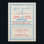 Vintage Poster Red, White & Blue結婚's, RSVP 招待状<br><div class="desc">この赤、白、青の結婚式招待状は、クリームバックグラウンドと赤と青の文字とデザイン要素を持つ淡い色のRSVPの指示のための特別なセクションを含む、この赤、白と青のヴィンテージは、古い文字のデザインを持つ古いファッションド、装飾的なバナー、星とアンパサンド渦巻形の。招待ファンシーはインスパイアヴィンテージデザインとポスタースタイリッシュの両方で。文字読: "招待されましたの種類[カスタマイズ可能な名前] & [カスタマイズ可能な名前] [カスタマイズ可能な日付] [カスタマイズ可能な時刻]。忘れられないお祝いに参加しよう」さらに招待をカスタマイズ結婚し、それぞれのボックスに自分の式と披露宴情報と住所を点々のある縁ど。 

この招待は、歴史的、ヴィンテージ、またはお洒落結婚式招待状を探している人に最適ユニークである。</div>