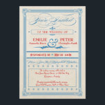 Vintage Poster Red, White & Blue結婚's, RSVP 招待状<br><div class="desc">この赤、白、青の結婚式招待状は、クリームバックグラウンドと赤と青の文字とデザイン要素を持つ淡い色のRSVPの指示のための特別なセクションを含む、この赤、白と青のヴィンテージは、古い文字のデザインを持つ古いファッションド、装飾的なバナー、星とアンパサンド渦巻形の。招待ファンシーはインスパイアヴィンテージデザインとポスタースタイリッシュの両方で。文字読: "招待されましたの種類[カスタマイズ可能な名前] & [カスタマイズ可能な名前] [カスタマイズ可能な日付] [カスタマイズ可能な時刻]。忘れられないお祝いに参加しよう」さらに招待をカスタマイズ結婚し、それぞれのボックスに自分の式と披露宴情報と住所を点々のある縁ど。 

この招待は、歴史的、ヴィンテージ、またはお洒落結婚式招待状を探している人に最適ユニークである。</div>
