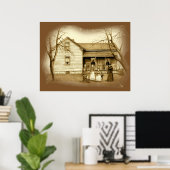 Vintage Poster: Sepia Drawing Farm House Family ポスター (ホームオフィス)