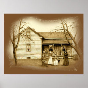 Vintage Poster: Sepia Drawing Farm House Family ポスター