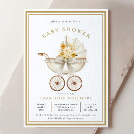 Vintage Pram Baby Shower | Ivory & Golden Florals 招待状