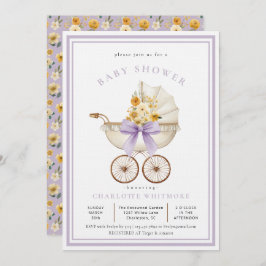 Vintage Pram Baby Shower Lavender & Golden Floral 招待状