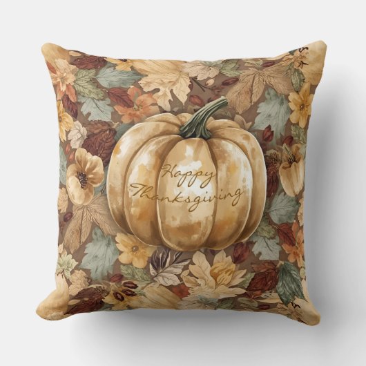 Vintage,Pumpkin with Thanksgiving Pattern Throw Pi クッション (正面)