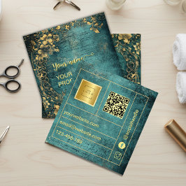Vintage Qr Code Emerald Green Gold and Black  スクエア名刺