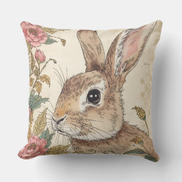 Vintage Rabbit, Cute Bunny Rabbit, Flowers Pattern クッション